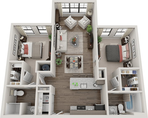 Floor plan for 2 beds, 2 baths, 1031 sqft
